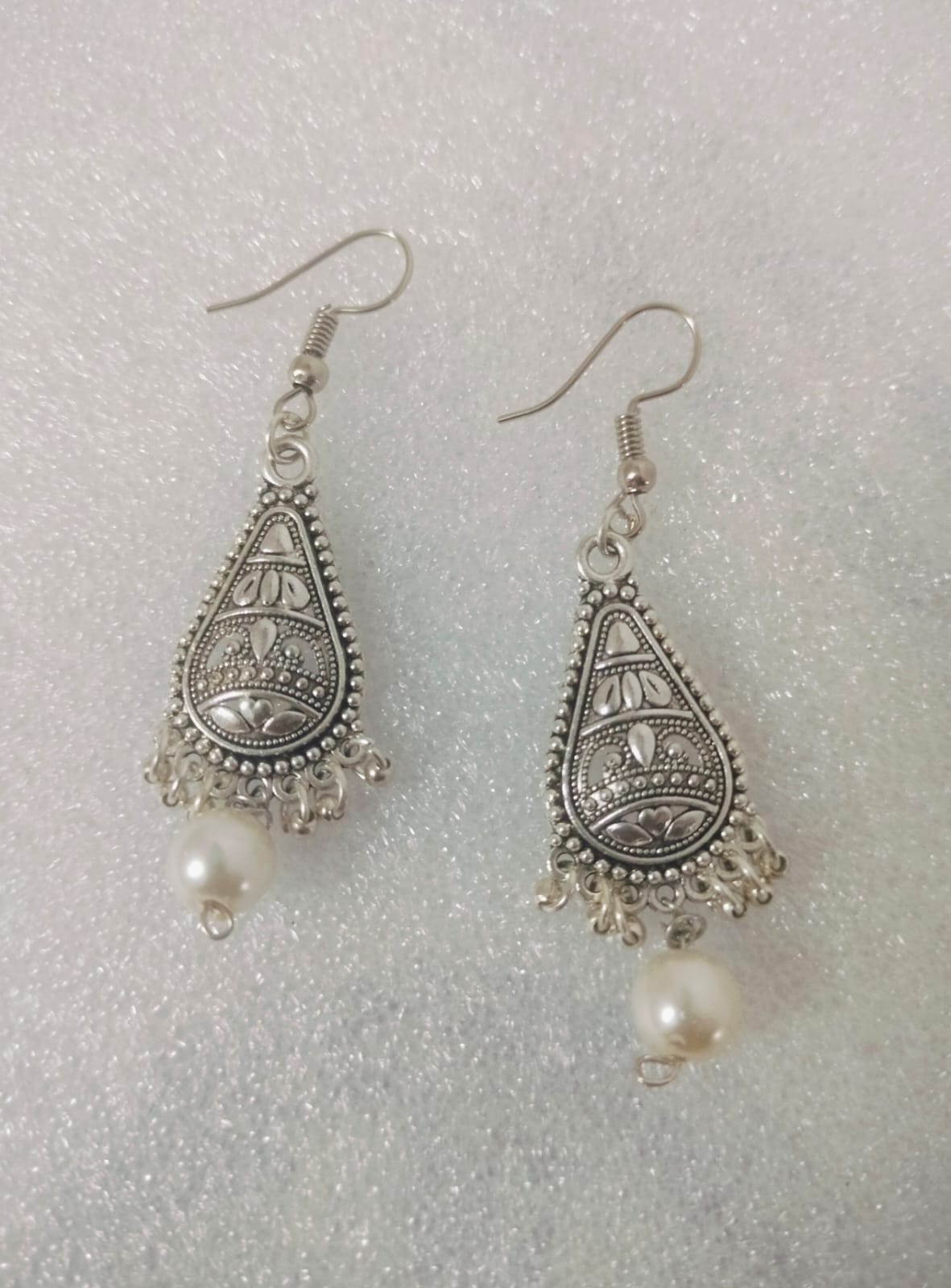 Oxidised Silver Teardrop Jhumka with Pearl Drop