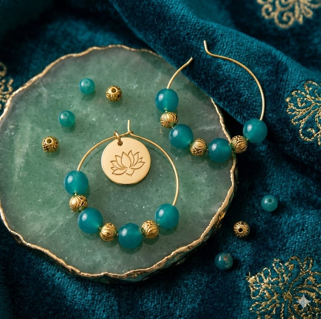 Teal Jade & Gold Lotus Charm Hoop Earrings
