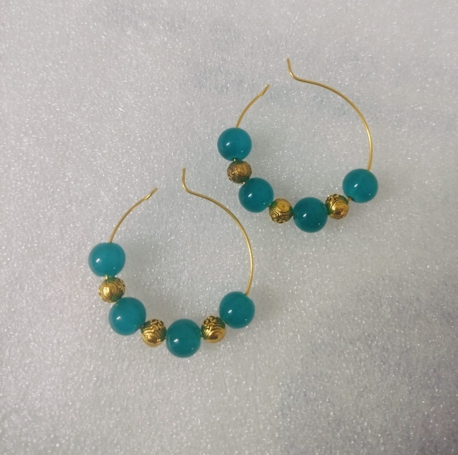 Teal Jade & Antique Gold Bead Hoop Earrings